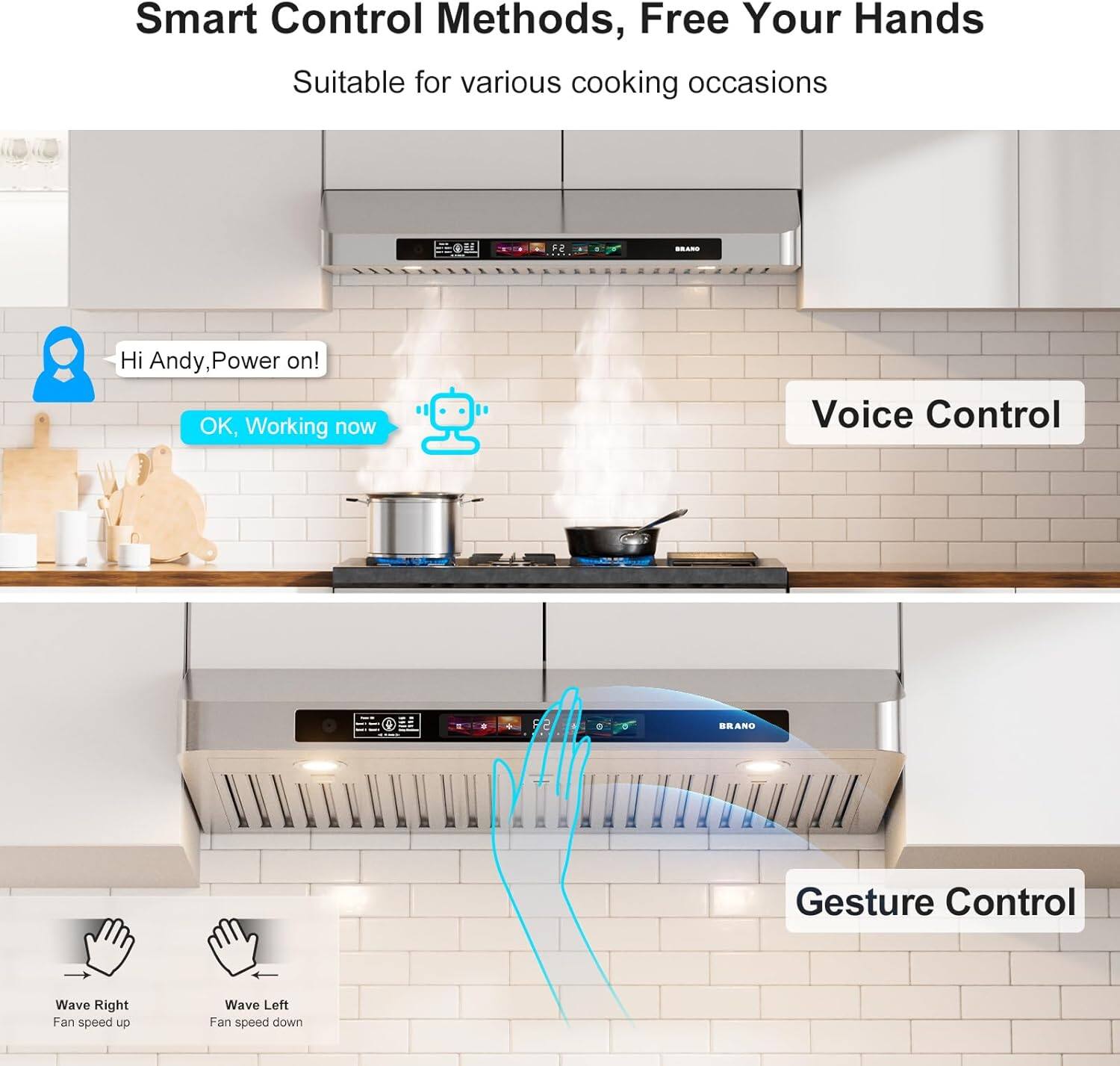 Smart Control Methods, Free Your Hands  
Suitable for various cooking occasions  

Hi Andy, Power on!  
OK, Working now  

Voice Control  
Gesture Control  

Wave Right  
Fan speed up  

Wave Left  
Fan speed down
