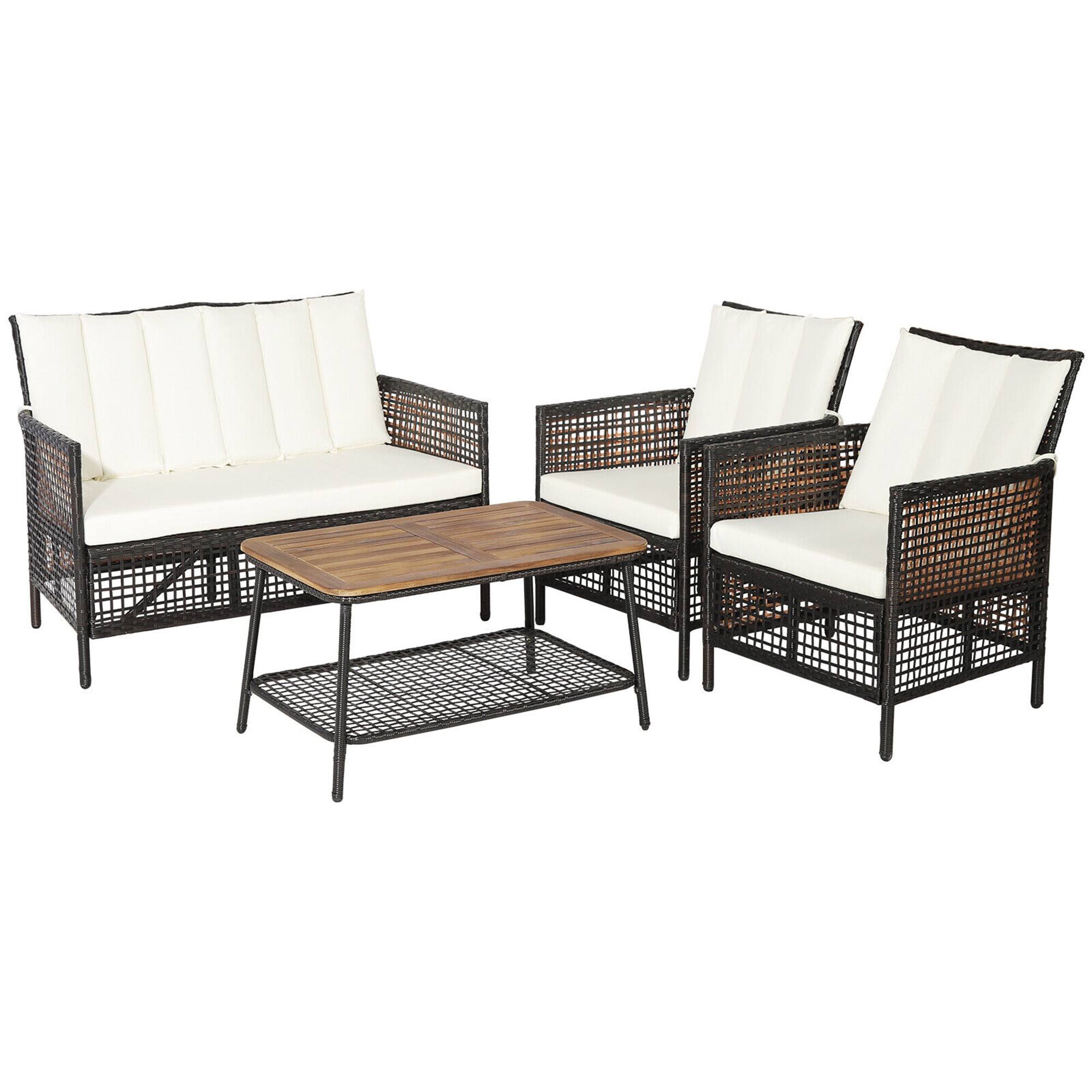 Alt View 1. Gymax - Gymax 4PCS Cushioned Patio PE Wicker Conversation Furniture Set w/ Acacia Wood Tabletop - Off White.