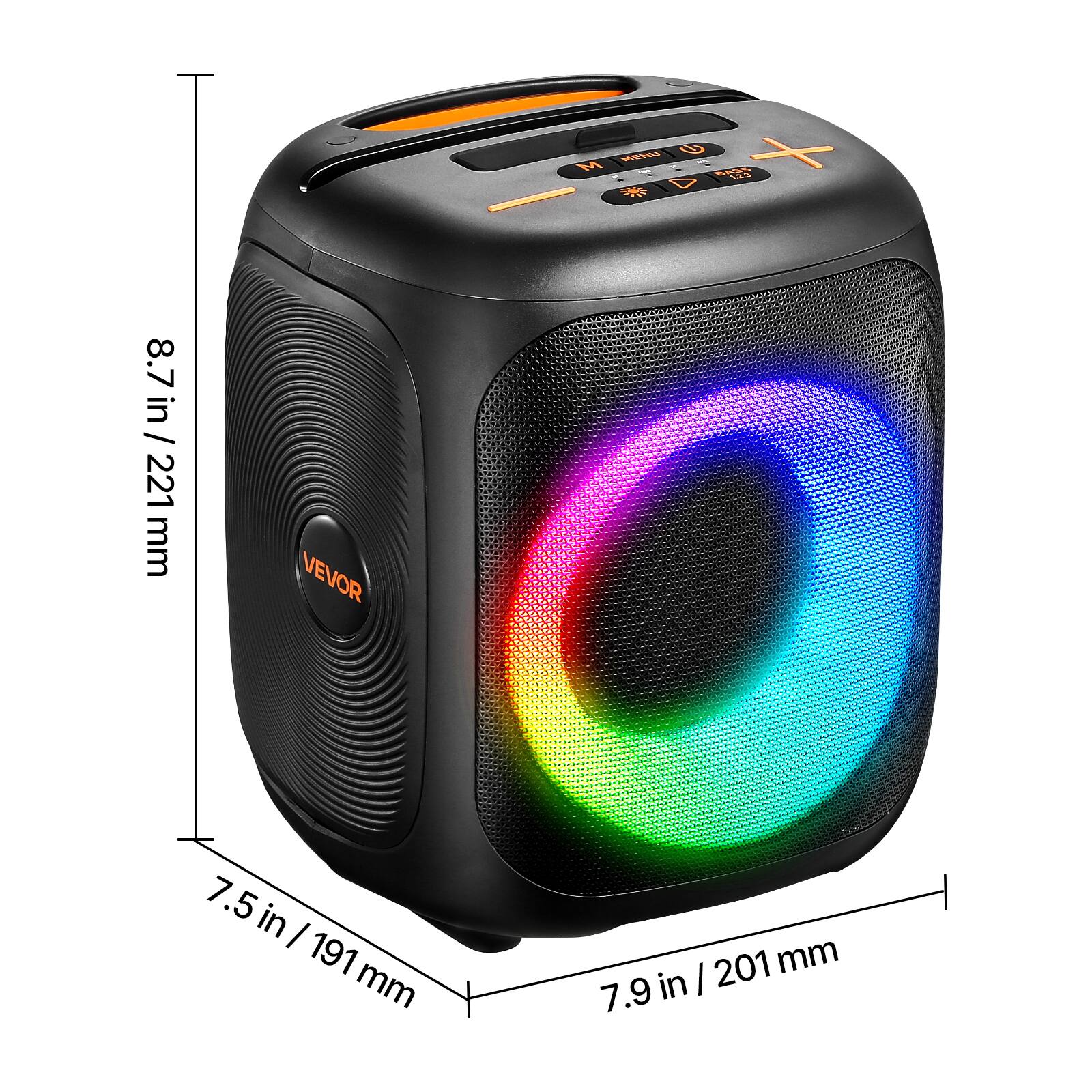 M MENU: BASS 1.23 + / 8.7 in / 221mm  
VEVOR  
7.5 in / 191mm  
7.9 in / 201mm