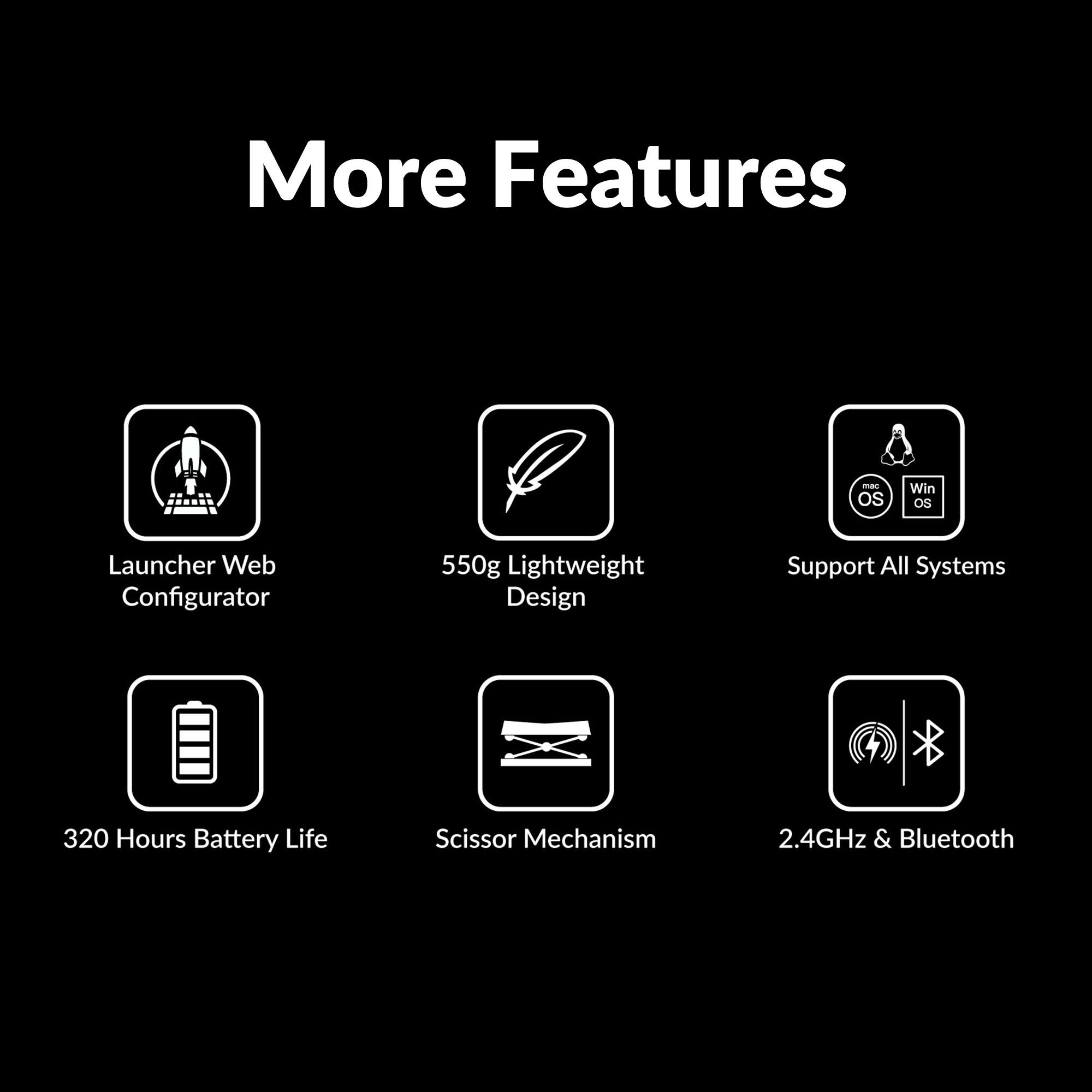 More Features - OS Win OS Launcher Web Configurator 550g Lightweight Design Support All Systems 320 Hours Battery Life Scissor Mechanism 2.4GHz & Bluetooth