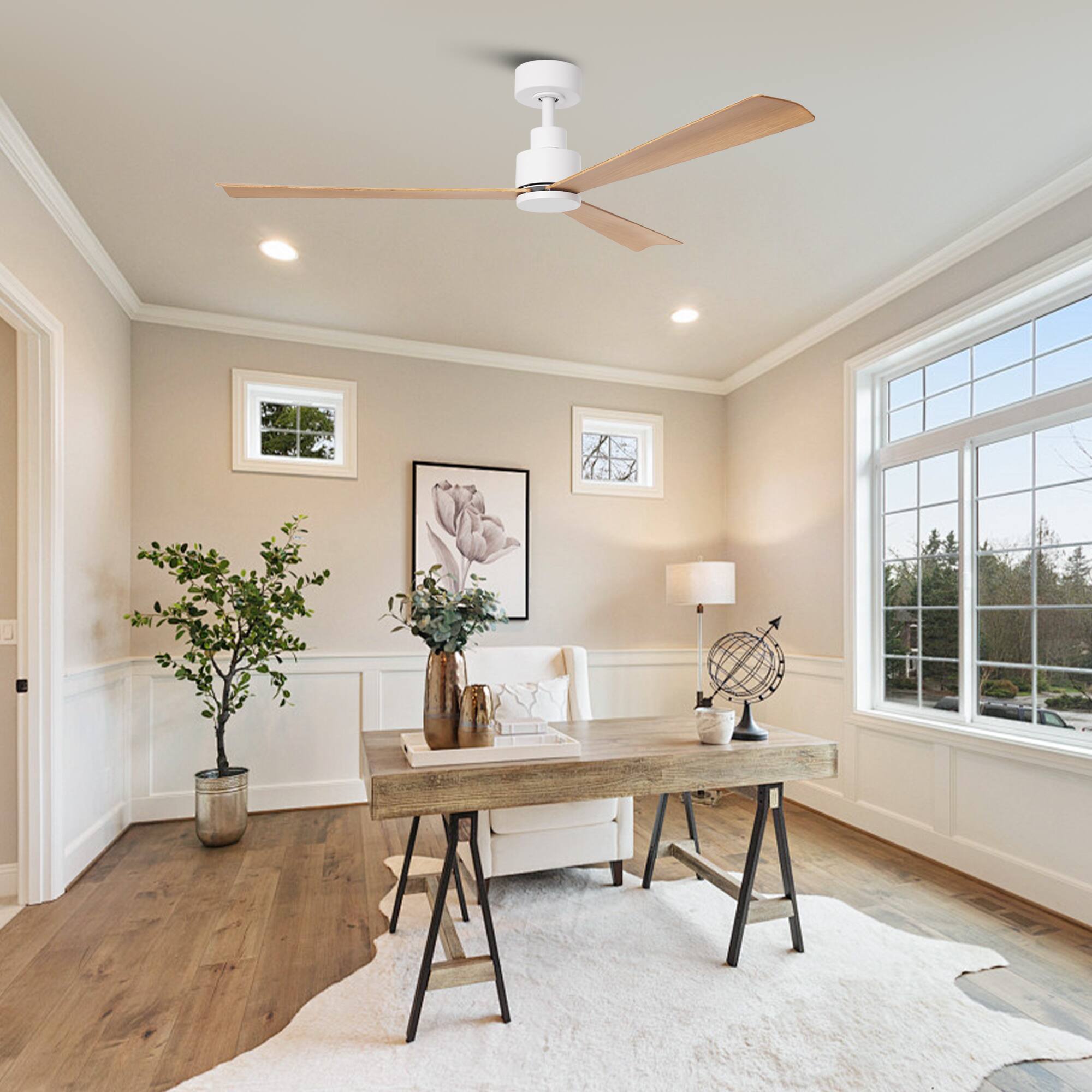 Left. Parrot Uncle - 52" Modern 3-Blade Ceiling Fan with Reversible DC Motor, 6-Speed, Remote Control, No Light - White.