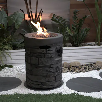 Front. Siljoy - CSA Certified 32000 BTU 20" Round Gas Fire Pit - MgO Stone Finish with Lava Rocks & Rain Cover.