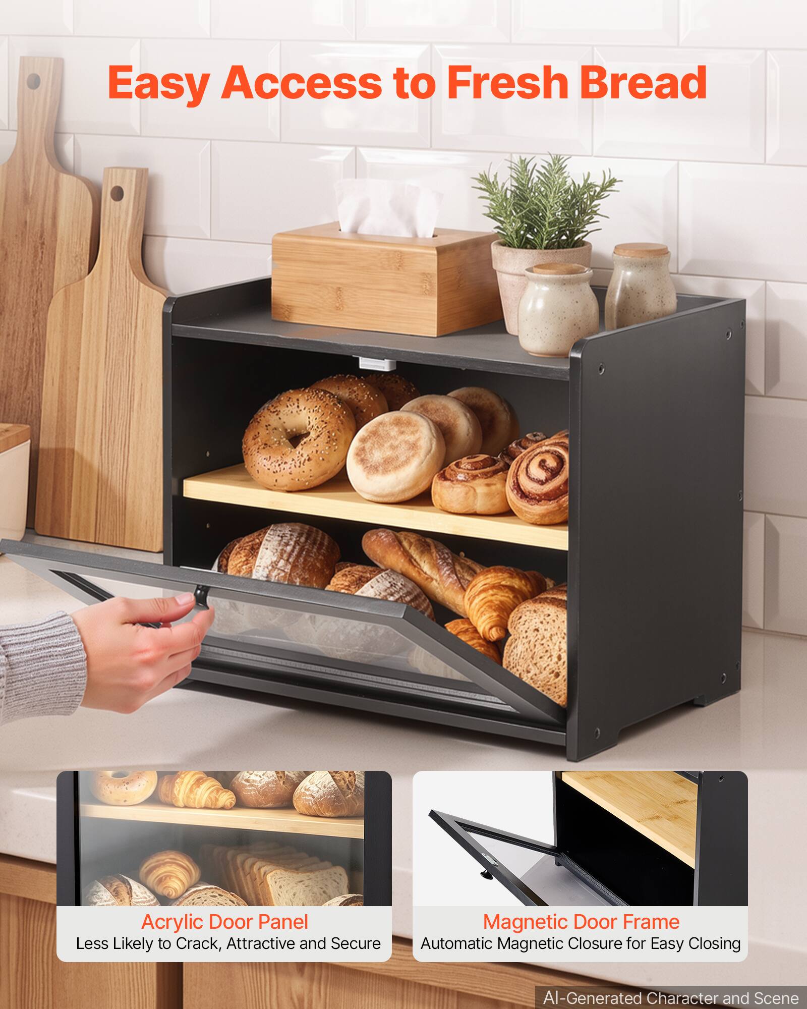 Easy Access to Fresh Bread

Acrylic Door Panel
Less Likely to Crack, Attractive and Secure

Magnetic Door Frame
Automatic Magnetic Closure for Easy Closing

AI-Generated Character and Scene