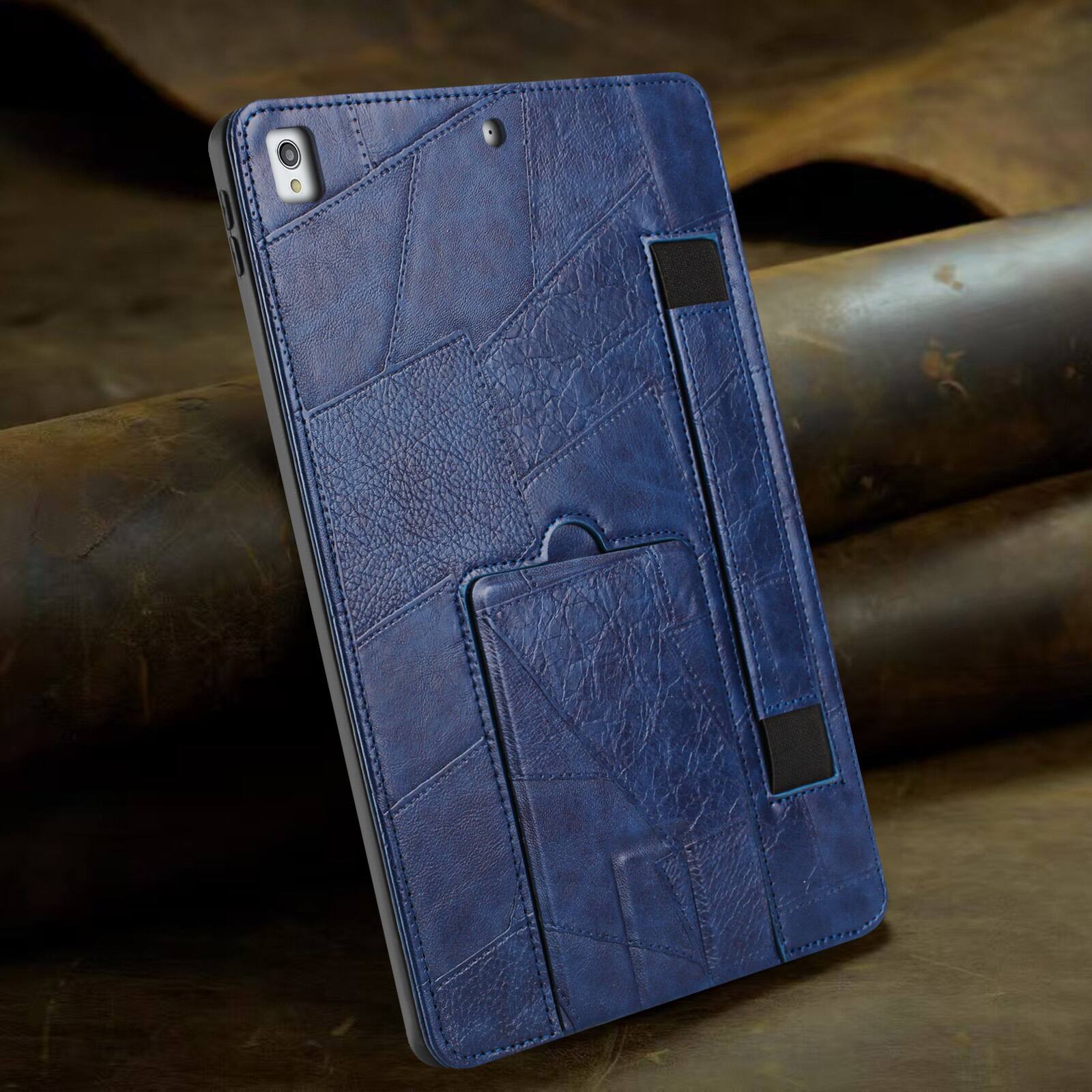 Left. Dteck - Leather Texture Case for Apple iPad (9th Generation) 10.2" 2021, Shockproof Cover with Multi-Angle Stand and Hand Strap - Blue.