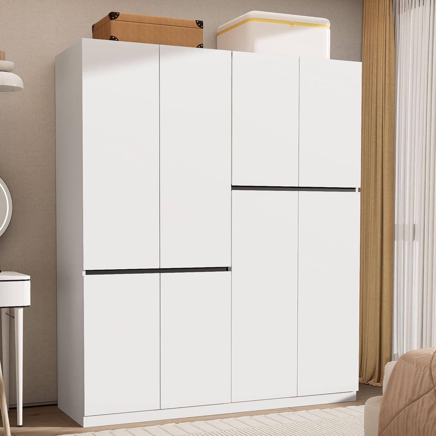 Tiramisubest - 4 Doors Armoire Closet,Wooden Armoires with Hanging Rod,Freestanding Wardrobe Cabinet for Bedroom,Guest Room - White