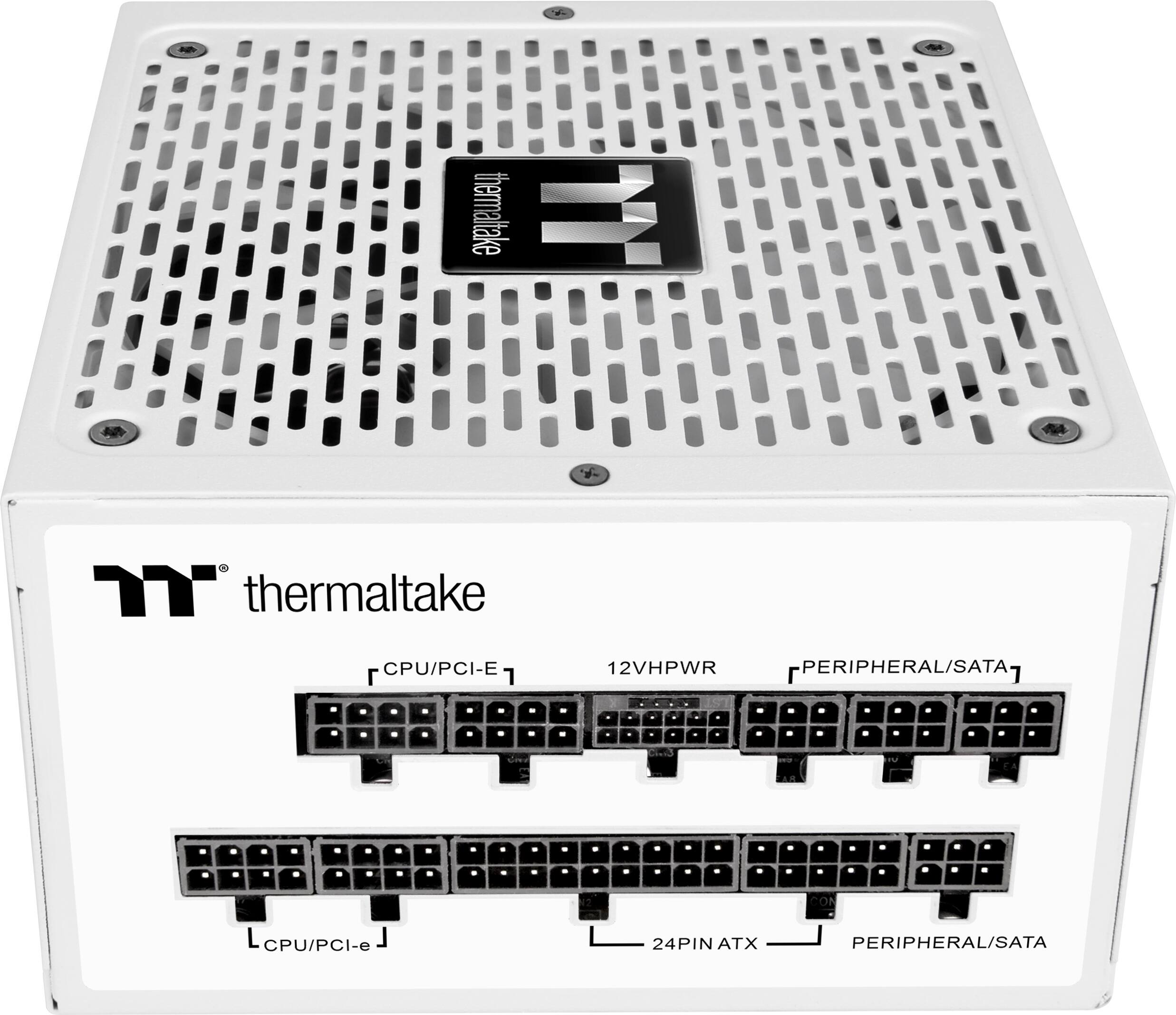 The text on the image reads: "thermaltake T thermaltake CPU/PCI-E 12VHPWR PERIPHERAL/SATA". This is a description of a thermaltake product that is designed for CPU and PCI-E use, with a 12VHPWR power supply for peripheral and SATA devices. The product features a 24-pin ATX design and is compatible with both CPU and PCI-E.