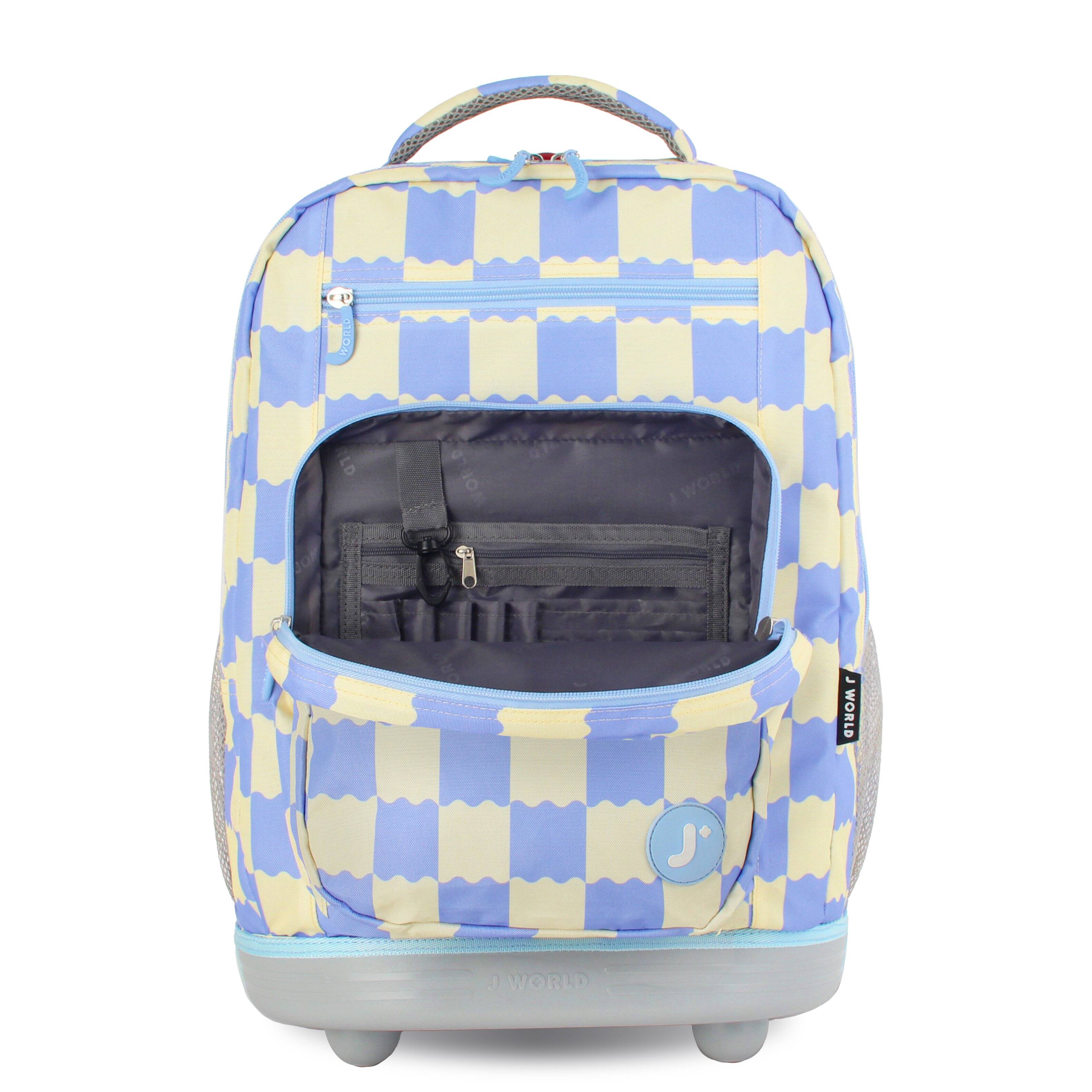 The text on the image reads:

- "J WORLD"
- "J WORLD" (on the tag)
- "J WORLD" (on the bottom of the suitcase)