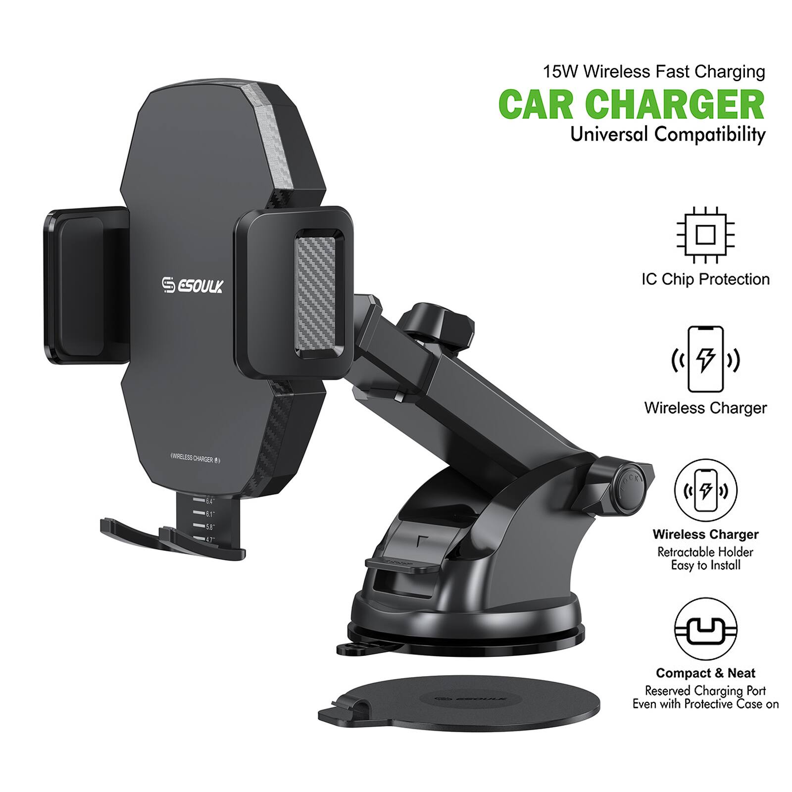 15W Wireless Fast Charging CAR CHARGER Universal Compatibility

IC Chip Protection
Wireless Charger
Wireless Charger Retractable Holder Easy to Install
Compact & Neat Reserved Charging Port Even with Protective Case on