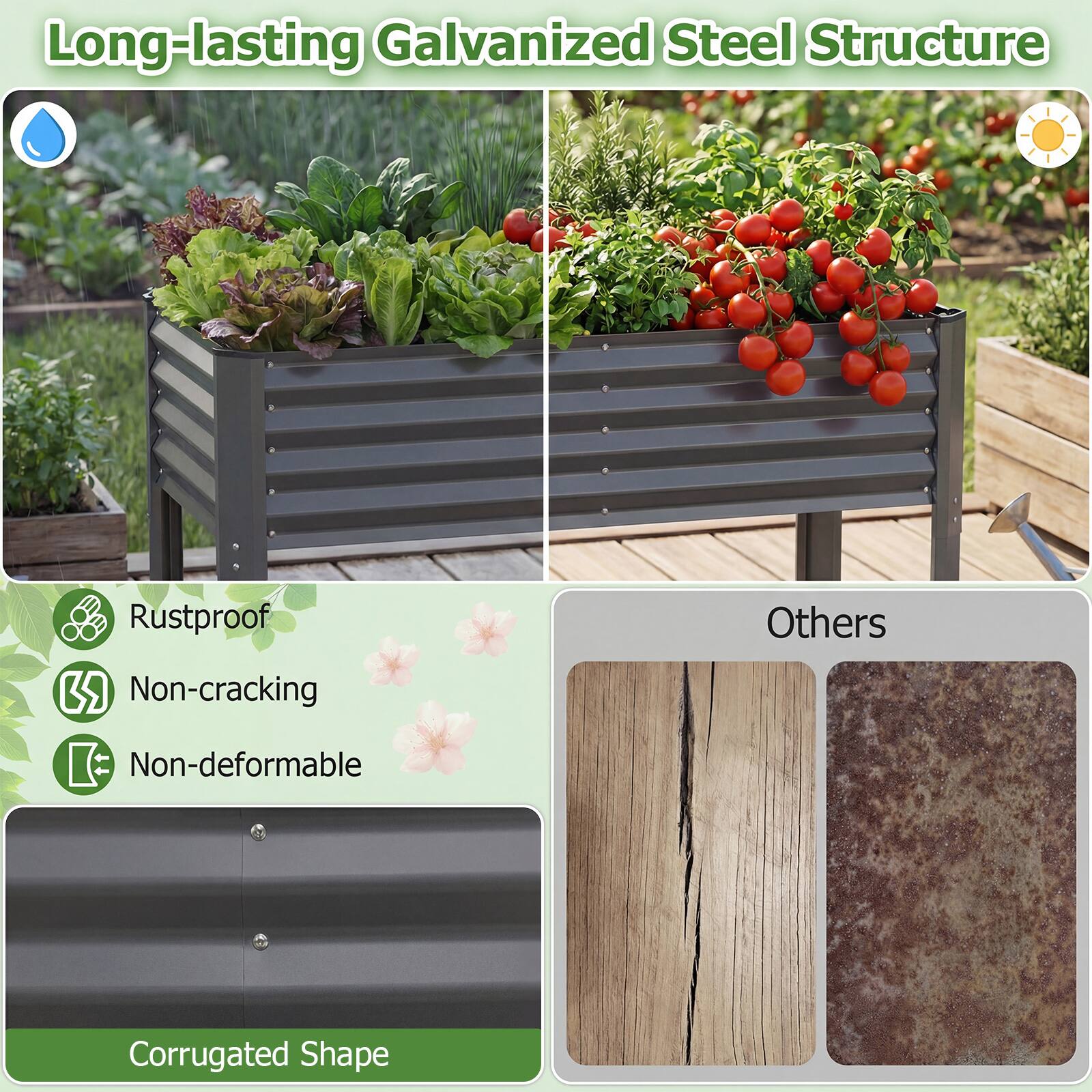 Long-lasting Galvanized Steel Structure

- Rustproof
- Non-cracking
- Non-deformable
- Corrugated Shape

Others