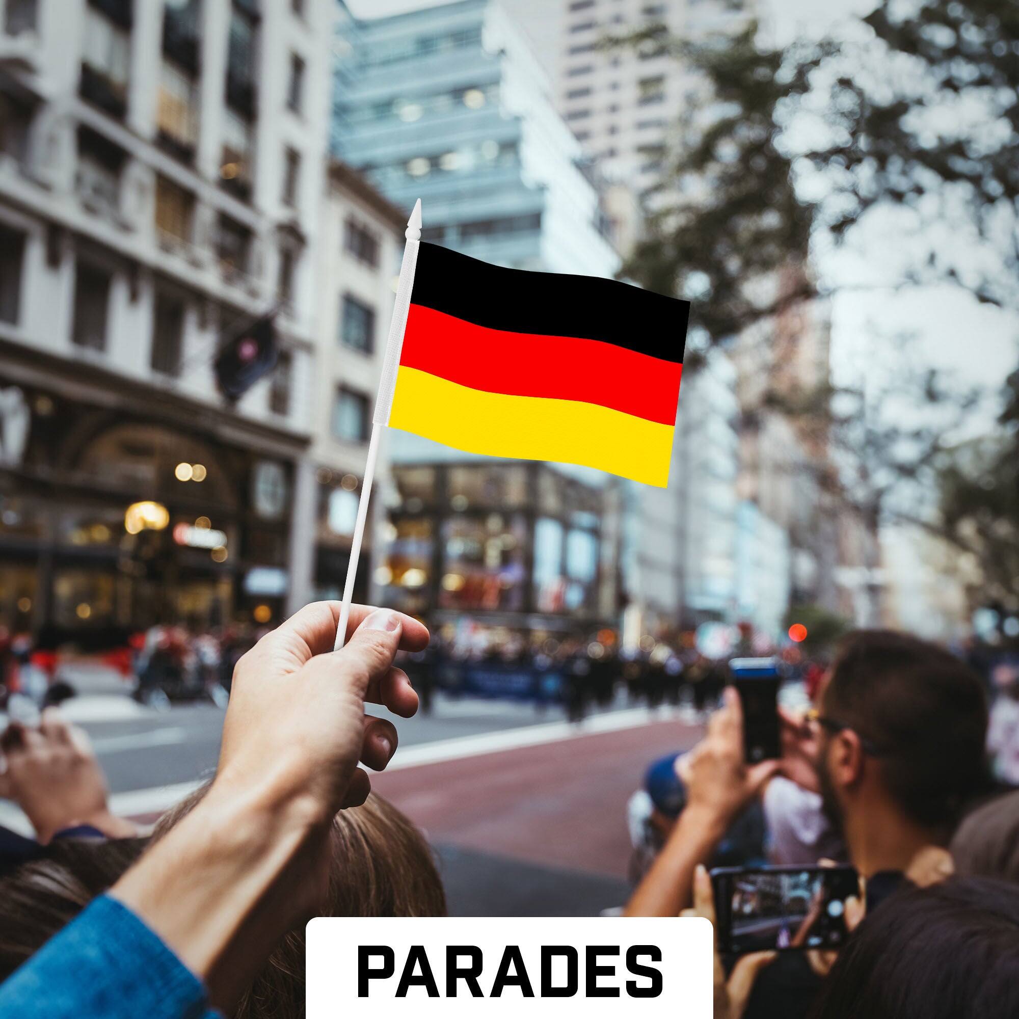 Back. G128 - 30-Pack Handheld Germany Flags, 4" x 6" Printed 150D Polyester with Plastic Stick and Spear Tip. - Assorted Colors.