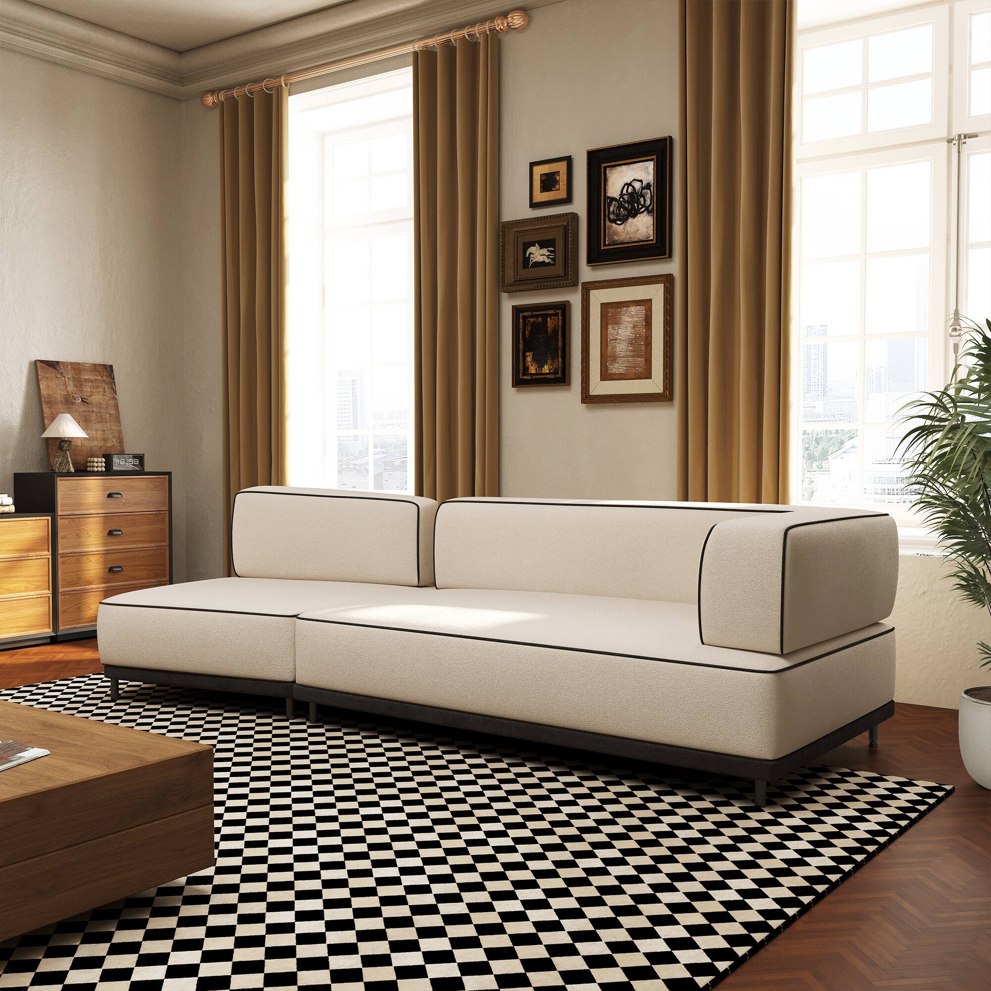 Alt View 2. luck idea - 95.27" Modern Fabric Sectional Sofa, High-Density Foam Cushions, Solid Wood & Plywood Frame, Metal Legs - Beige.
