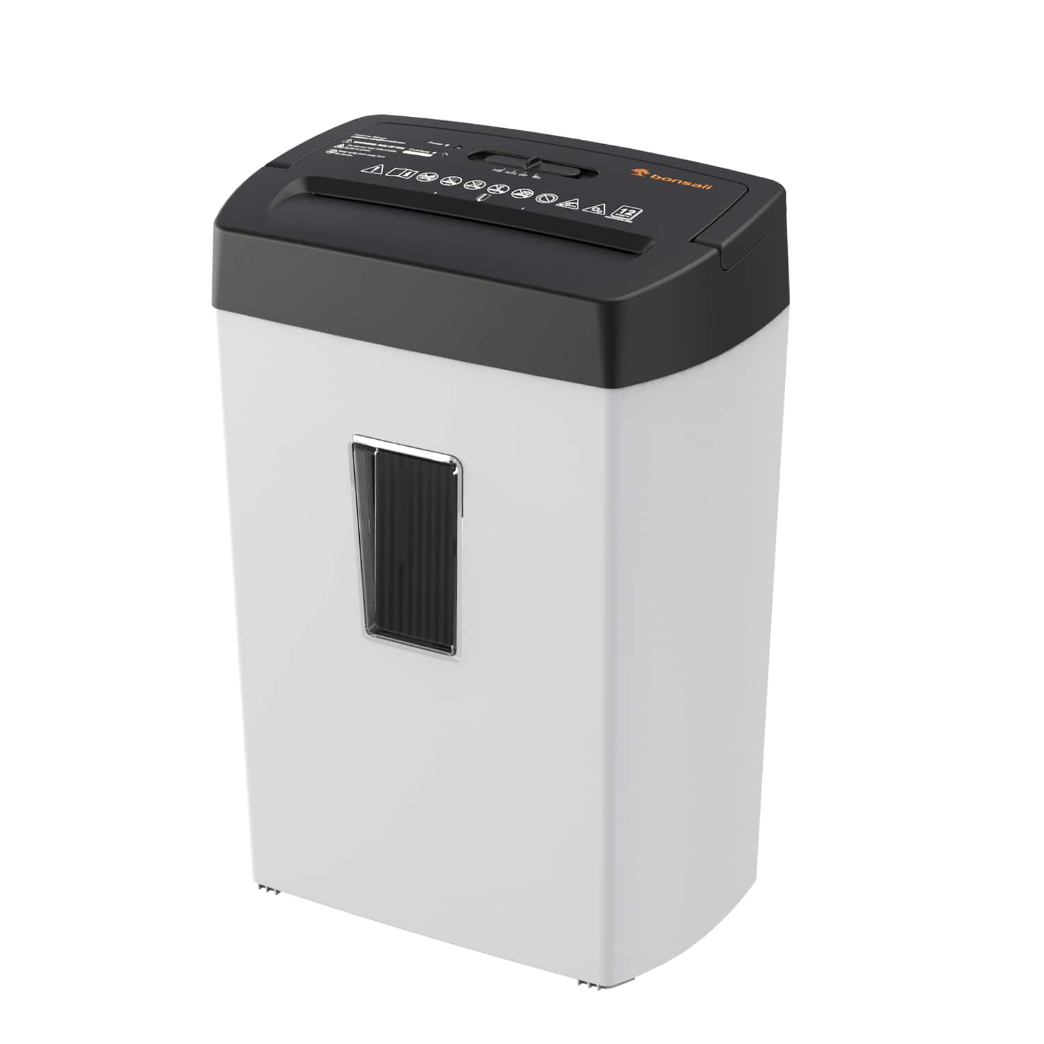 Front. Bonsaii - Heavy-Duty Shredder - Up to 12 Sheets, P-4 high Security, Credit Cards, Mail, & Staples - 5.5-Gallon bin - White & Black.