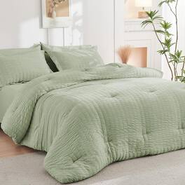 Dazzed Corner - Seersucker 5/7 Pieces Bed in a Bag Comforter Set with Sheets, Pillowcases & Shams - Light Green