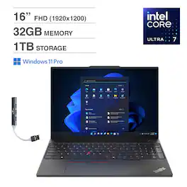Lenovo - ThinkPad E16 Gen 2 Laptop 16.0 FHD (Intel Ultra 7 155U, 32GB DDR5, 1TB PCIe SSD, Win 11 Pro) w/USB Hub - Black