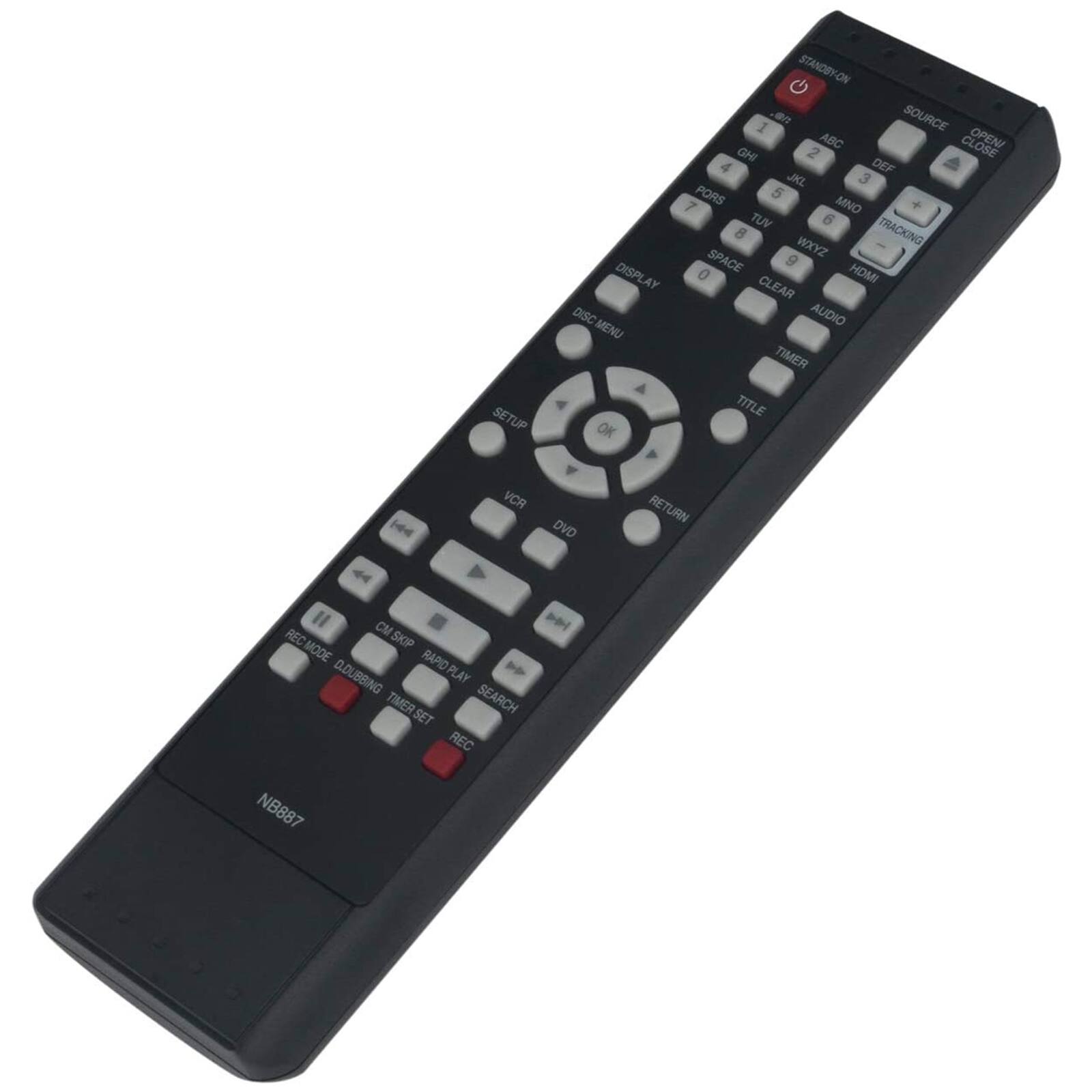 Sure, here is the corrected and grouped text from the image:

- SETUP
- DISPLAY
- DISC MENU
- OK
- STANDBY ON
- SOURCE
- OPEN
- CLOSE
- ABC
- 1
- GHI
- 2
- DEF
- 3
- JKL
- 4
- MNO
- 5
- PORS
- 6
- TUV
- 7
- WXYZ
- 8
- 9
- 0
- HDMI
- TRACKING
- SPACE
- CLEAR
- AUDIO
- TIMER
- TITLE
- RETURN
- VCR
- DVD
- CM
- REC
- SKIP
- MODE
- RAPID
- D.DUBBING
- PLAY
- TIMER SET
- SEARCH
- SET REC
- NB887