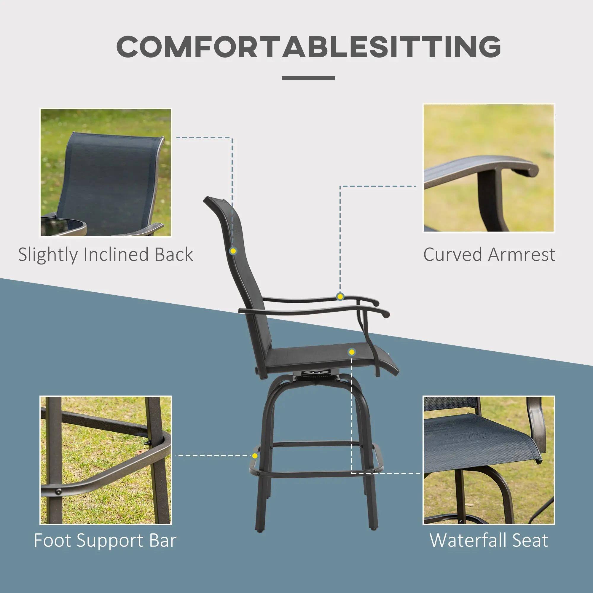 COMFORTABLESITTING - Slightly Inclined Back, Curved Armrest, Foot Support Bar, Waterfall Seat