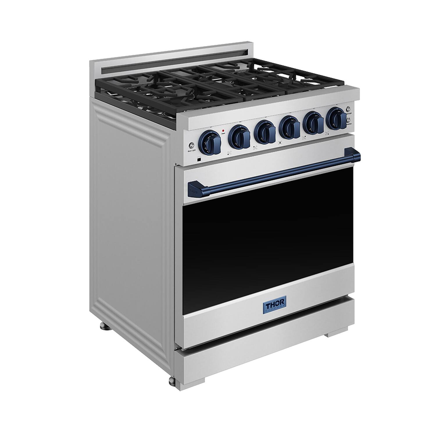Left. Thor Kitchen - Gordon Ramsay Series by Thor Kitchen 4.55 Cu. Ft Freestanding Liquid Propane Gas Range with Navy Blue Hardware - Stainless Steel.