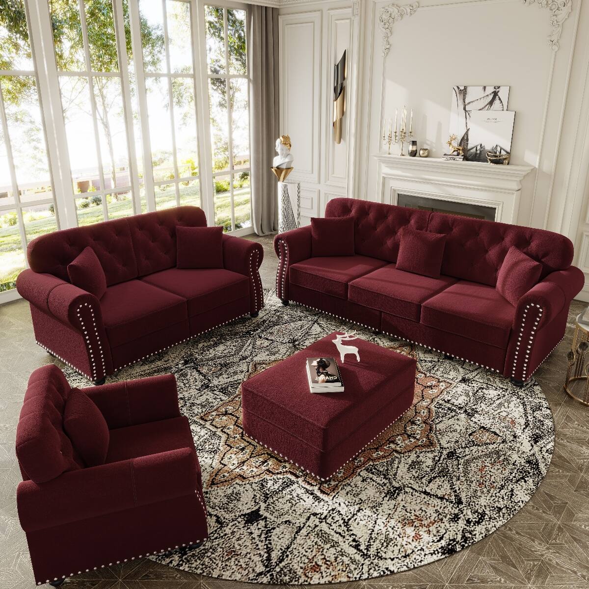 Alt View 1. Ropilly - Ropilly Burgundy Velvet Loveseat with Ottoman, Chesterfield Tufted Sofa, Nailhead Rolled Arms, 63 Inch - Burgundy.