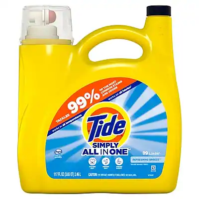 Tide Simply All in One
99% Tackles Common Stains and Odors
89 Loads
Refreshing Breeze
117 FL OZ (3.55 L)
Caution: Harmful if swallowed. Keep out of reach of children.