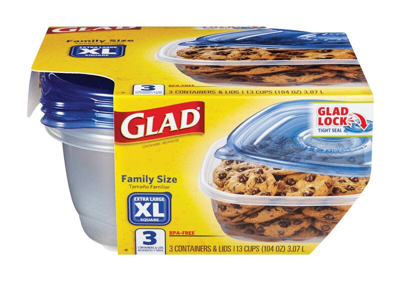 GLAD Family Size Extra Large XL Square BPA-Free 3 Containers & Lids | 13 Cups (104 oz) 3.07 L  
GLAD Lock Tight Seal Recipientes Contenedores Familiar Extra Large XL Square  
3 Contenedores y Tapas