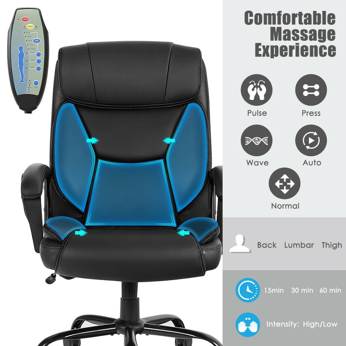 Comfortable Massage Experience: Pulse, Press, Wave, Auto, Normal, Back, Lumbar, Thigh. 15min, 30 min, 60 min. Intensity: High/Low.