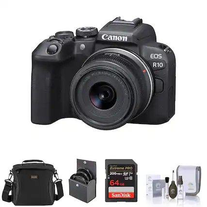 Canon EOS R10 with RF 18-45mm F4.5-6.3 IS STM Lens
SanDisk Extreme PRO 200 MB/s V30 64 GB SD Card
Canon Camera Bag
Canon Lens Case
Cleaning Kit