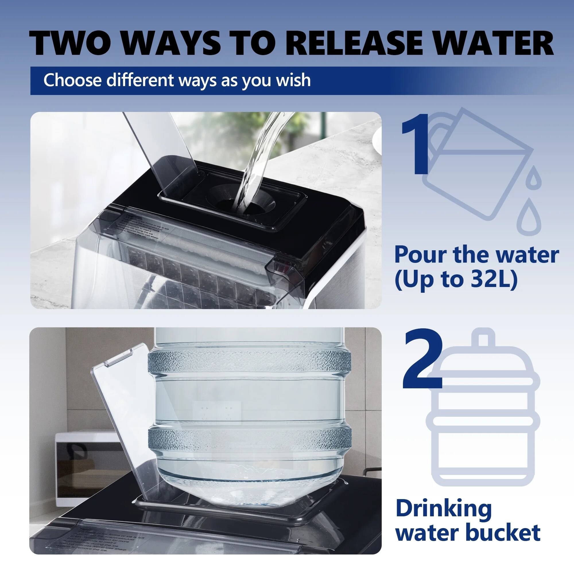 TWO WAYS TO RELEASE WATER  
Choose different ways as you wish  

1. Pour the water (Up to 32L)  
2. Drinking water bucket