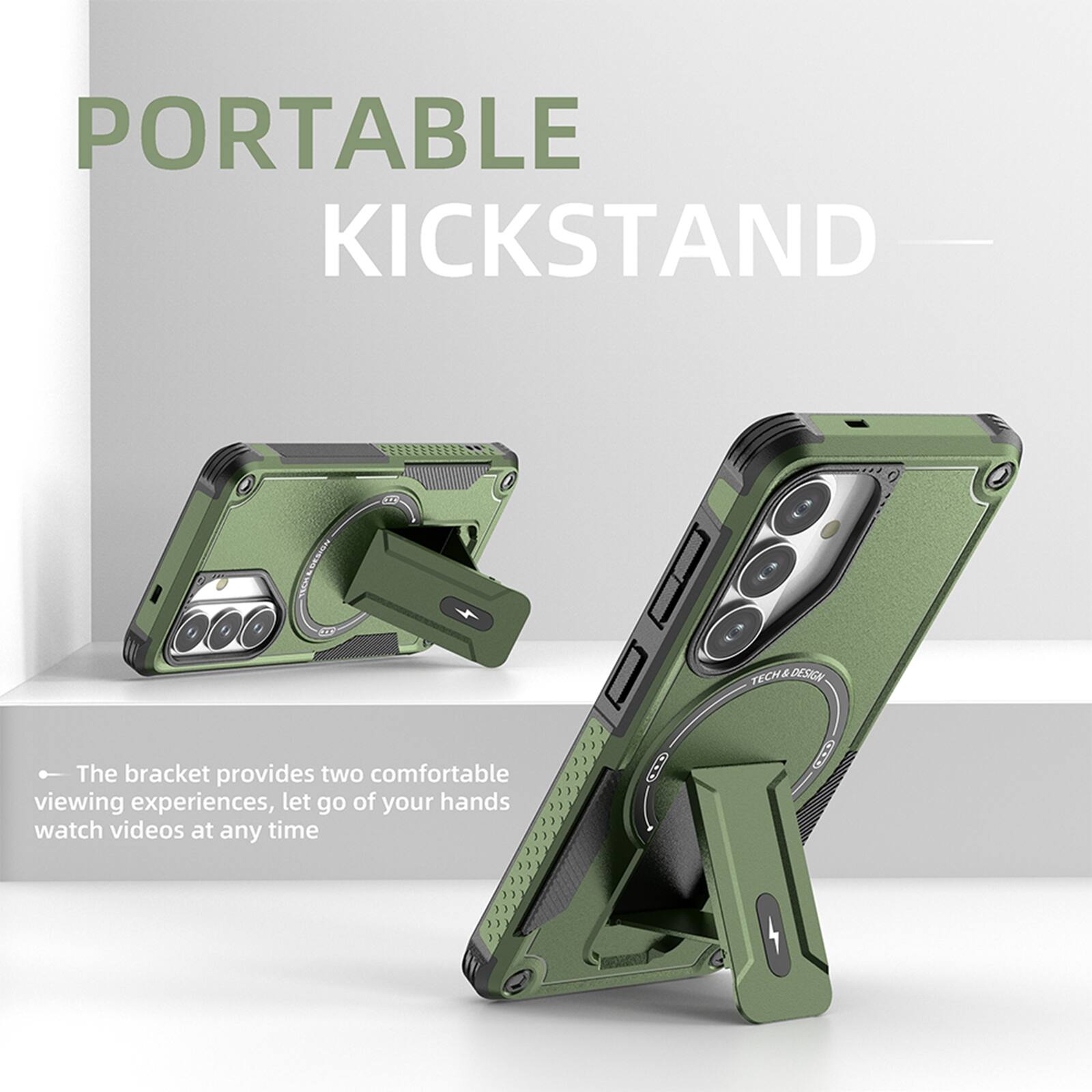 PORTABLE KICKSTAND

The bracket provides two comfortable viewing experiences, let go of your hands watch videos at any time