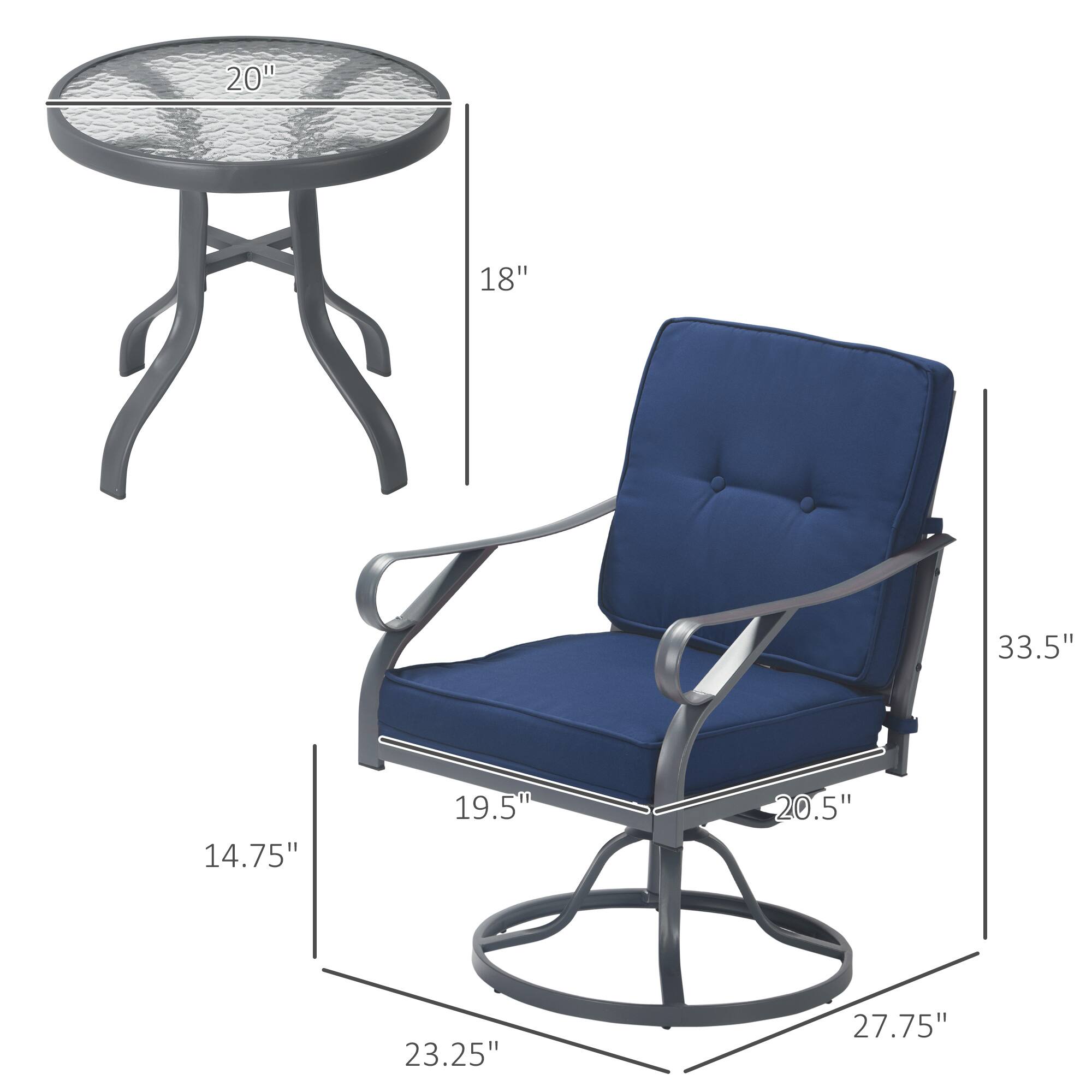 - Table: 20" diameter, 18" height
- Chair: 33.5" height, 20.5" width, 19.5" depth, 23.25" seat height, 14.75" armrest height, 27.75" base diameter
