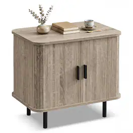 WELLFOR - Mid-Century Modern Nightstand with Sliding Tambour Doors and Storage Shelf - Natural
