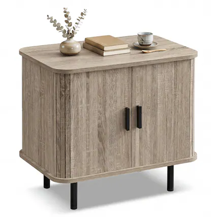 Front. WELLFOR - Mid-Century Modern Nightstand with Sliding Tambour Doors and Storage Shelf - Natural.