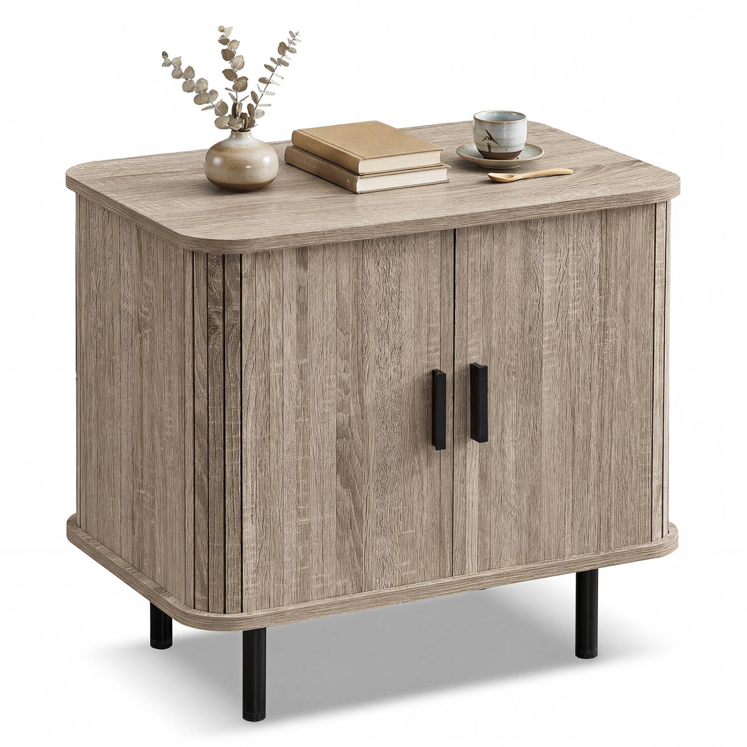 Front. WELLFOR - Mid-Century Modern Nightstand with Sliding Tambour Doors and Storage Shelf - Natural.