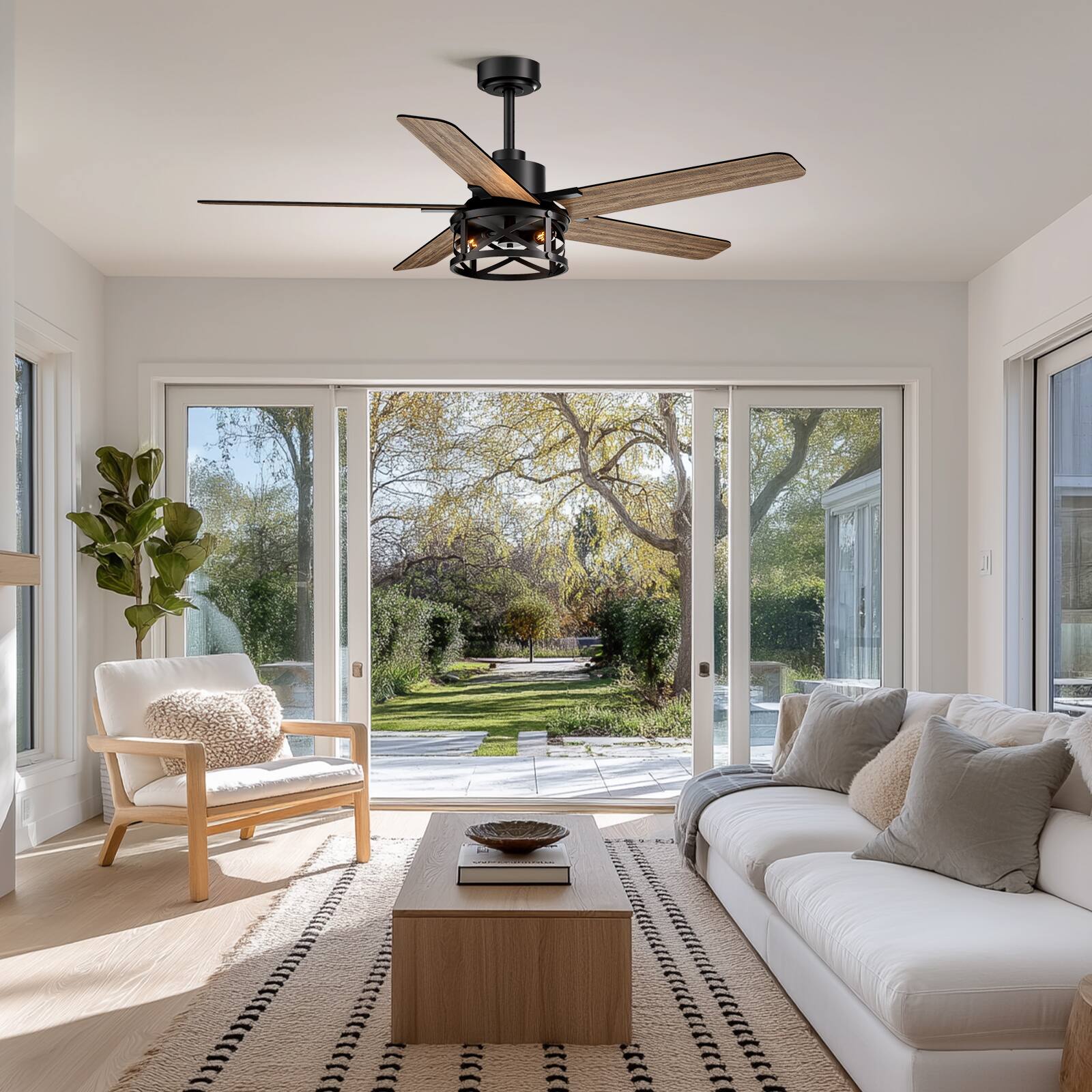 Alt View 7. Siljoy - 52-inch Modern Farmhouse Cage Flush Mount Fan with Light APP & Remote Control for Indoor Covered Patio - Matte Black.