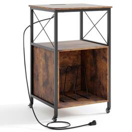 Kadyn - Rolling Media Stand with Power Outlet, Shelves, and Dividers, Rustic - Brown