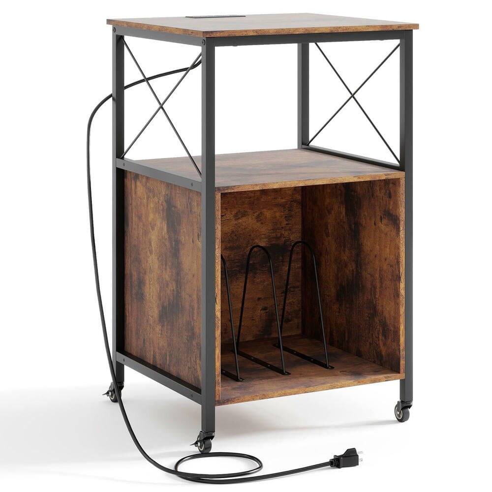 Kadyn - Rolling Media Stand with Power Outlet, Shelves, and Dividers, Rustic - Brown