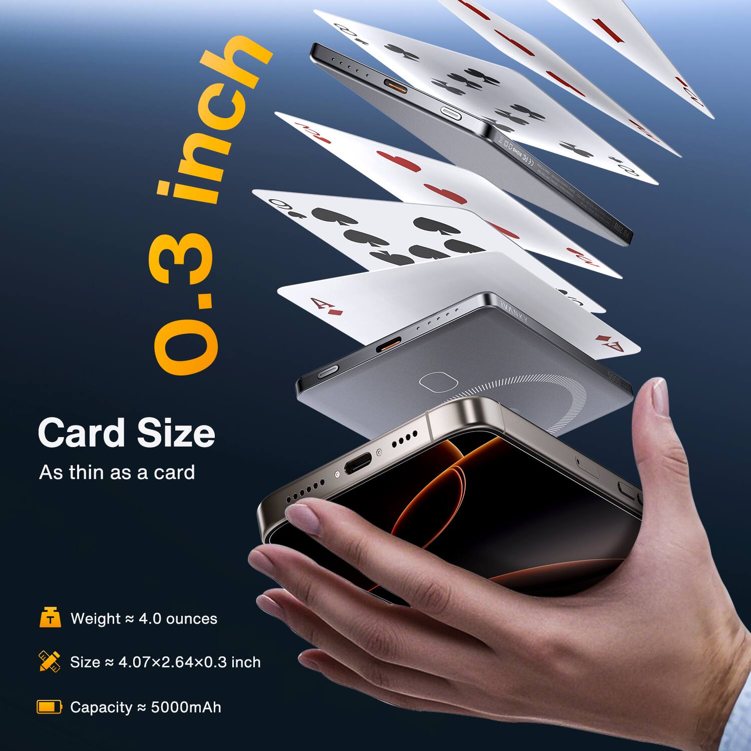 0.3 inch, Card Size, As thin as a card, Weight 4.0 ounces, Size 4.07x2.64x0.3 inch, Capacity 5000mAh