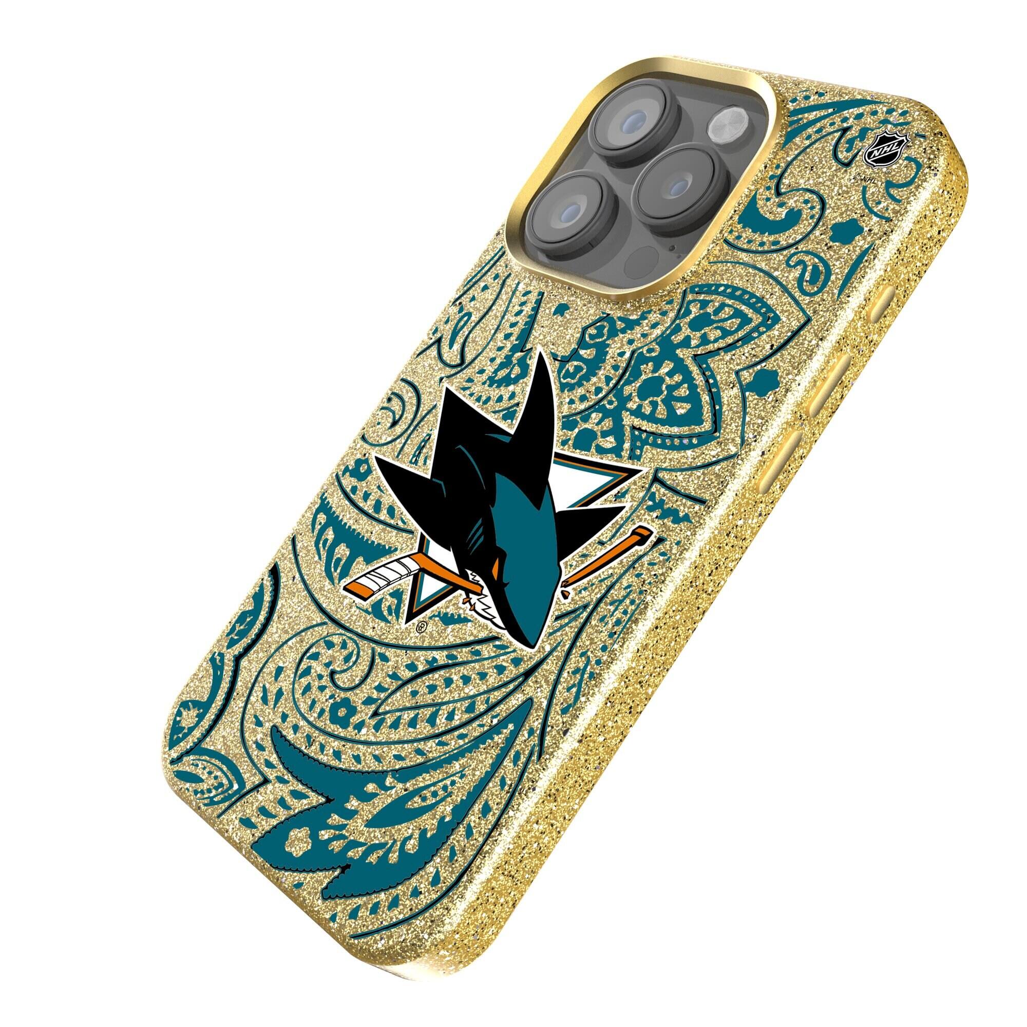 Alt View 1. Keyscaper - Gold San Jose Sharks Paisley Bling iPhone Case - 16 Plus - Gold.