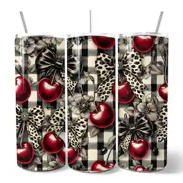 OrnamentallyYou - Coquette Cherries And Bows 20oz Tumbler With Stainless Steel Straw - Multicolored