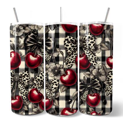 Front. OrnamentallyYou - Coquette Cherries And Bows 20oz Tumbler With Stainless Steel Straw - Multicolored.