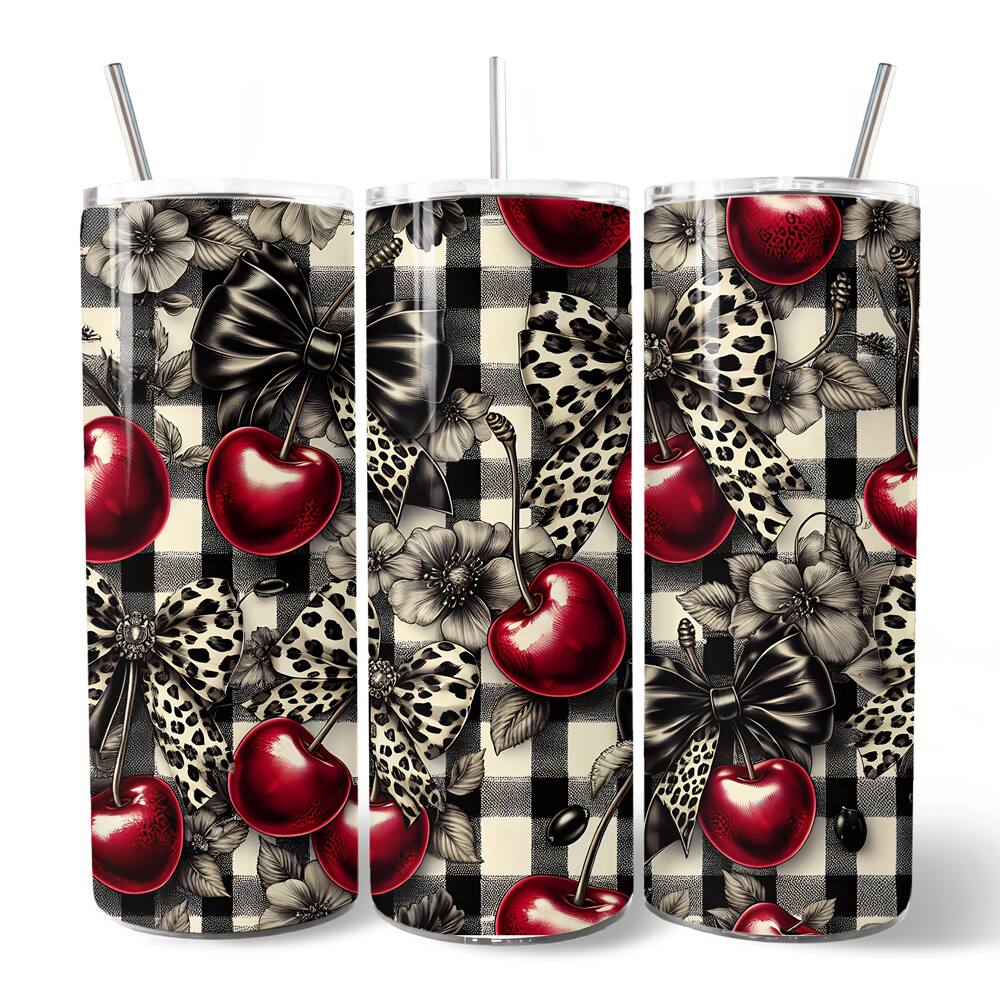 Front. OrnamentallyYou - Coquette Cherries And Bows 20oz Tumbler With Stainless Steel Straw - Multicolored.