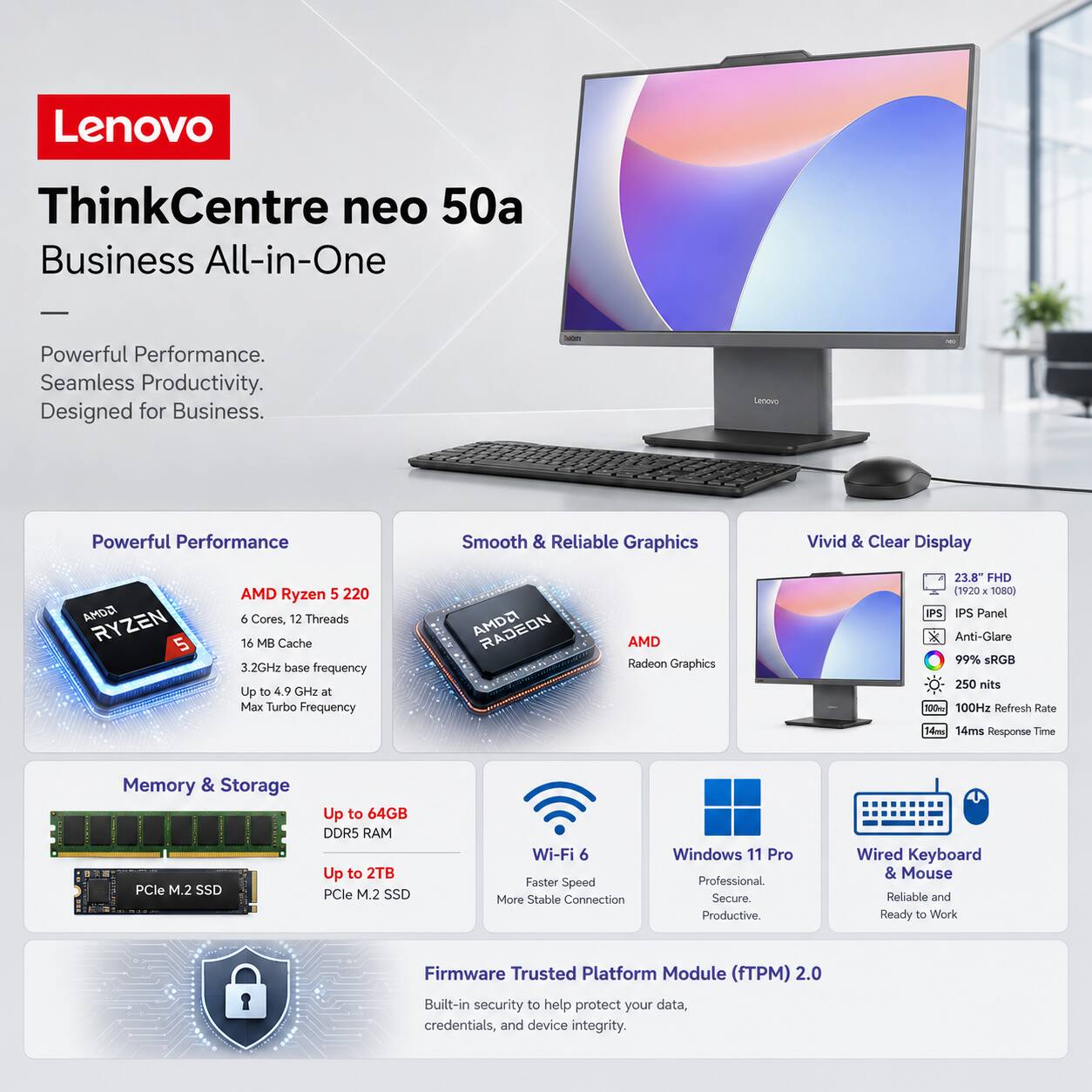 Lenovo ThinkCentre neo 50a Business All-in-One

Powerful Performance. Seamless Productivity. Designed for Business.

Powerful Performance
- AMD Ryzen 5 220
- 6 Cores, 12 Threads
- 16 MB Cache
- 3.2GHz base frequency
- Up to 4.9 GHz at Max Turbo Frequency

Smooth & Reliable Graphics
- AMD Radeon Graphics

Vivid & Clear Display
- 23.8" FHD (1920 x 1080)
- IPS Panel
- Anti-Glare
- 99% sRGB
- 250 nits
- 100Hz Refresh Rate
- 14ms Response Time

Memory & Storage
- Up to 64GB DDR5 RAM
- Up to 2TB PCIe M.2 SSD

Wi-Fi 6
- Faster Speed
- More Stable Connection

Windows 11 Pro
- Professional
- Secure
- Productive

Wired Keyboard & Mouse
- Reliable and Ready to Work

Firmware Trusted Platform Module (fTPM) 2.0
- Built-in security to help protect your data, credentials