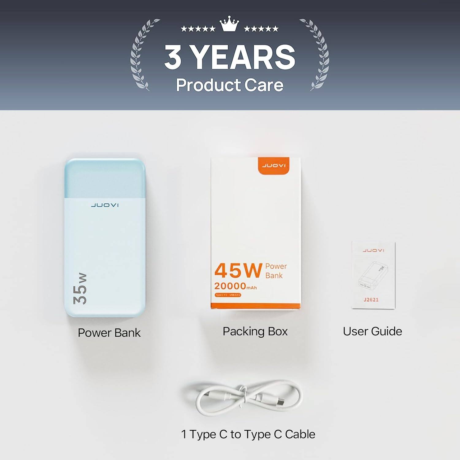 3 YEARS Product Care

IVOUL

35W Power Bank

45W Power Bank 20000 mAh

Packing Box

IVOUL J2621 User Guide

1 Type C to Type C Cable