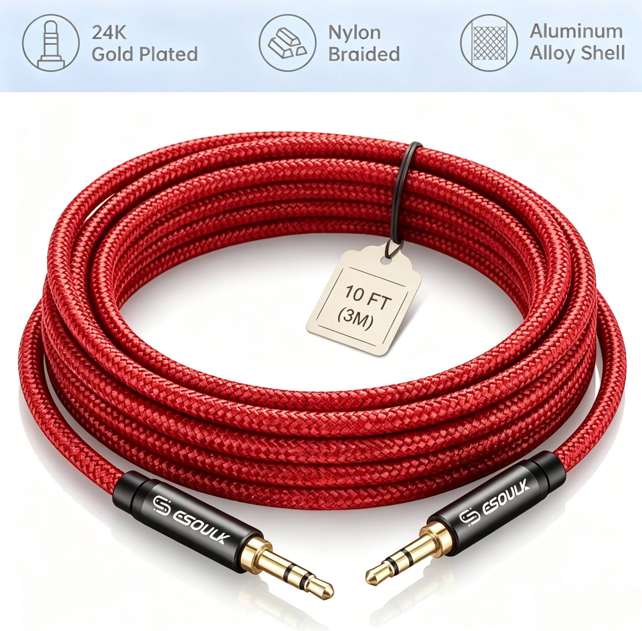 24K Gold Plated Nylon Braided Aluminum Alloy Shell 10 FT (3M) ESOULK