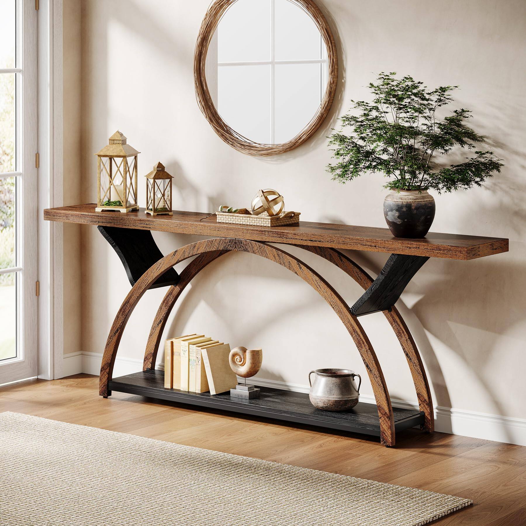 Front. Tribesigns - 70.87" Console Table, Industrial Sofa Table Behind Couch with 2 Tiers of Storage Shelves for Living Room, Hallway, Entra - Rustic Brown & Black.