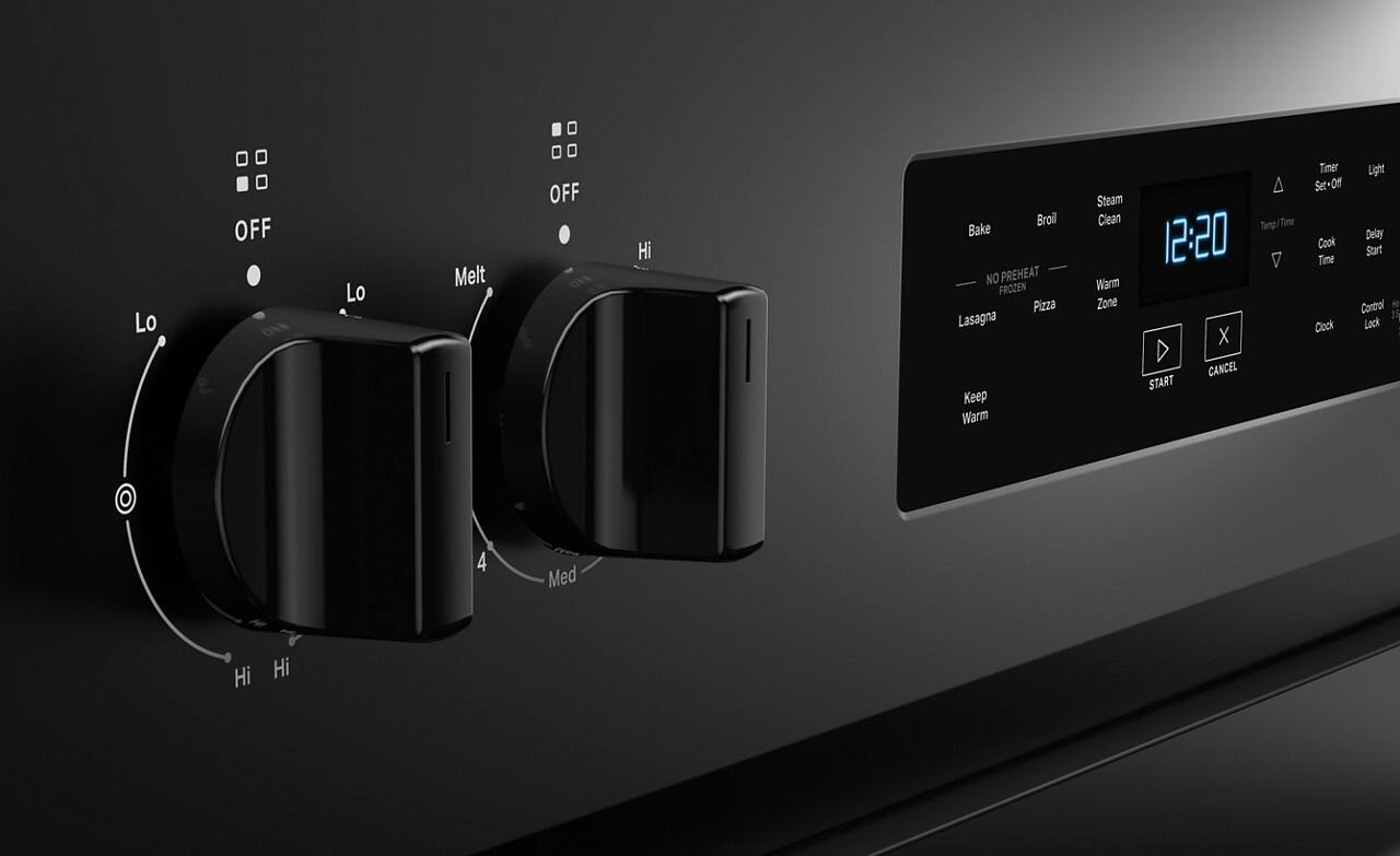 Lo OFF Lo Melt OFF Hi Broil Bake NO PREHEAT FROZEN Pizza Lasagna Keep Warm Steam Clean Warm Zone Timer Light Set-Off Set Temp/Time Time 12:20 Delay Cook Start Time Control Clock Lock X CANCEL START O 4 Med Hi Hi