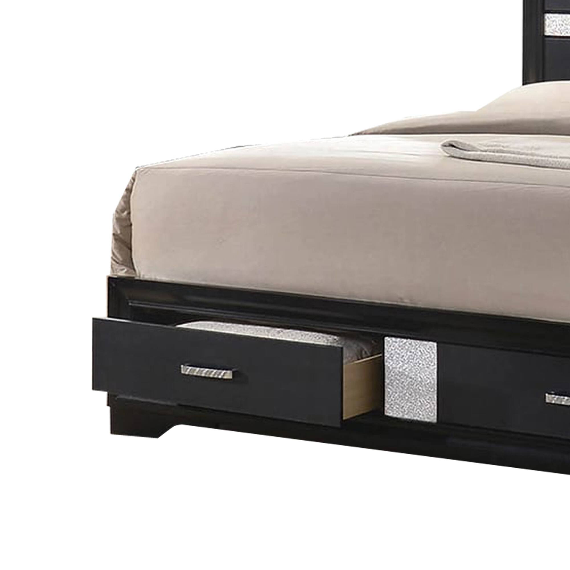 Alt View 1. Manhattan Lane - Wooden California King Size Bed with 2 Storage Drawers - Black and Silver.