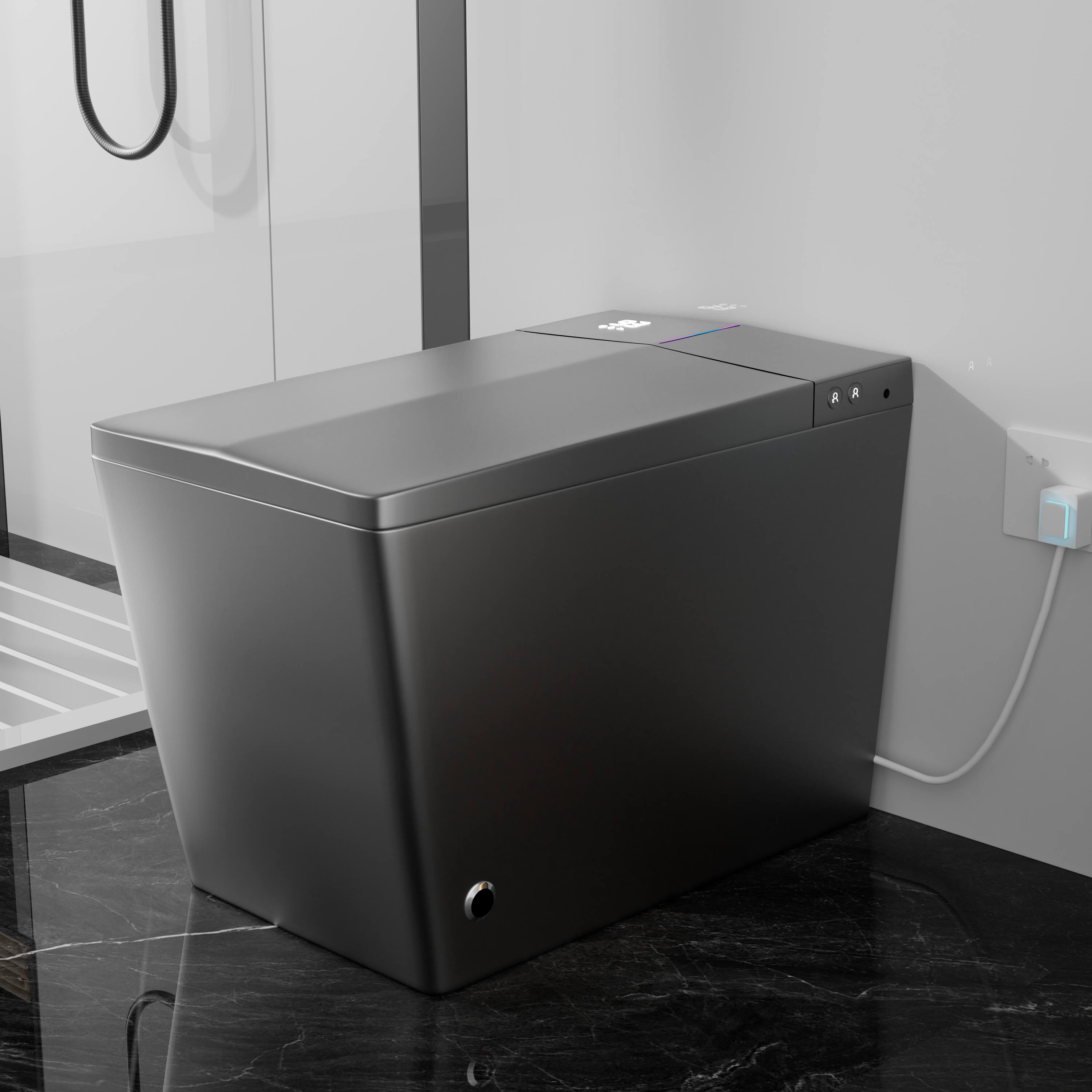 Left. TinyHomie - Square Smart Toilet with Built in Tank for Bathroom Flush Heated Seat LED Digital Display User Memory Matte Grey - White.