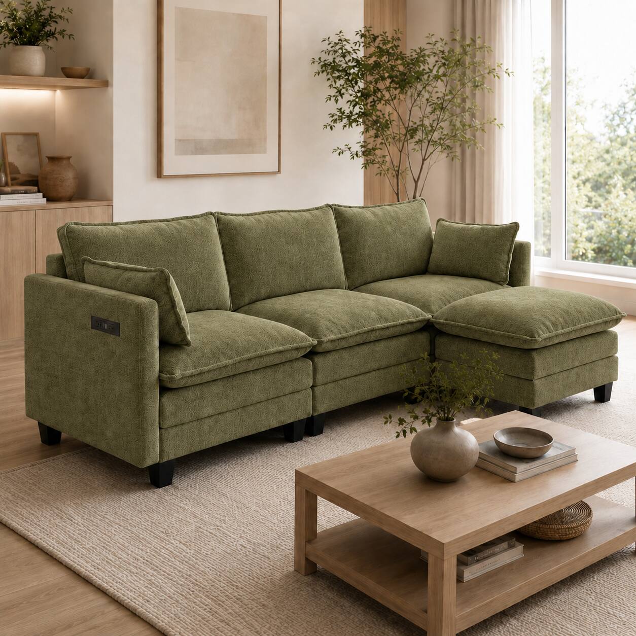 Back. Anysun - Modern Chenille 3-Seat Couch with Matching Ottoman, Built-in USB Ports and Side Pockets - Antique Light Green.