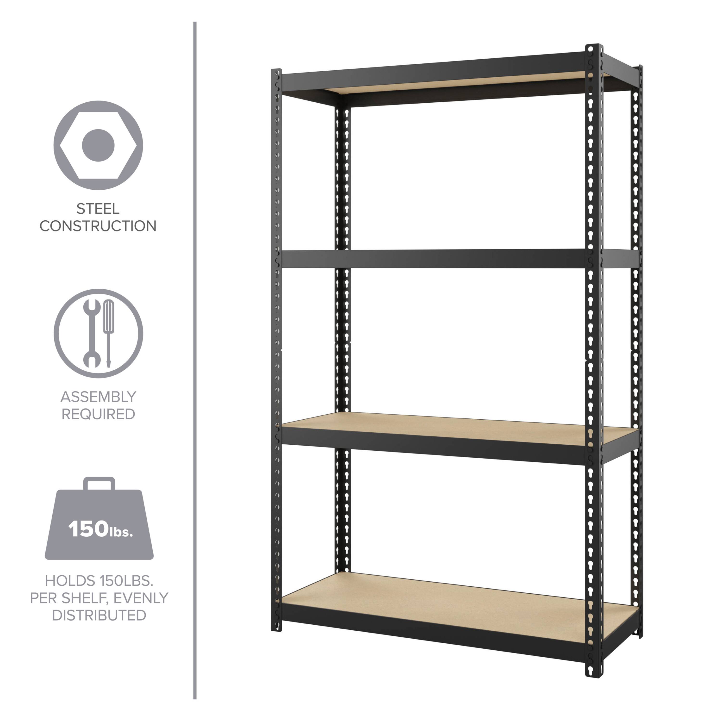 STEEL CONSTRUCTION
ASSEMBLY REQUIRED
150lbs. HOLDS 150LBS. PER SHELF, EVENLY DISTRIBUTED