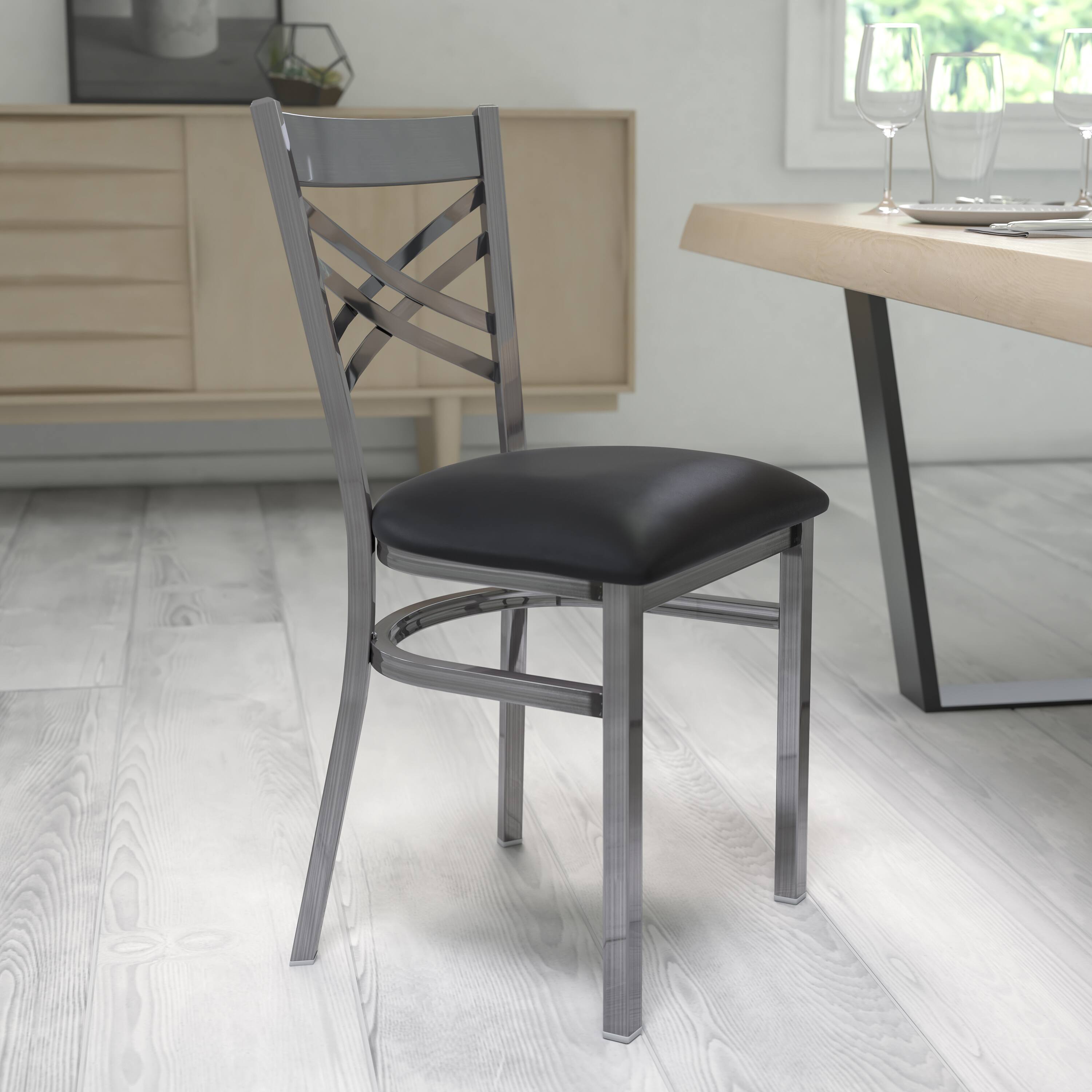 Alt View 1. Emma + Oliver - Clear Coated "X" Back Metal Restaurant Dining Chair - Black Vinyl Seat/Clear Coated Metal Frame.